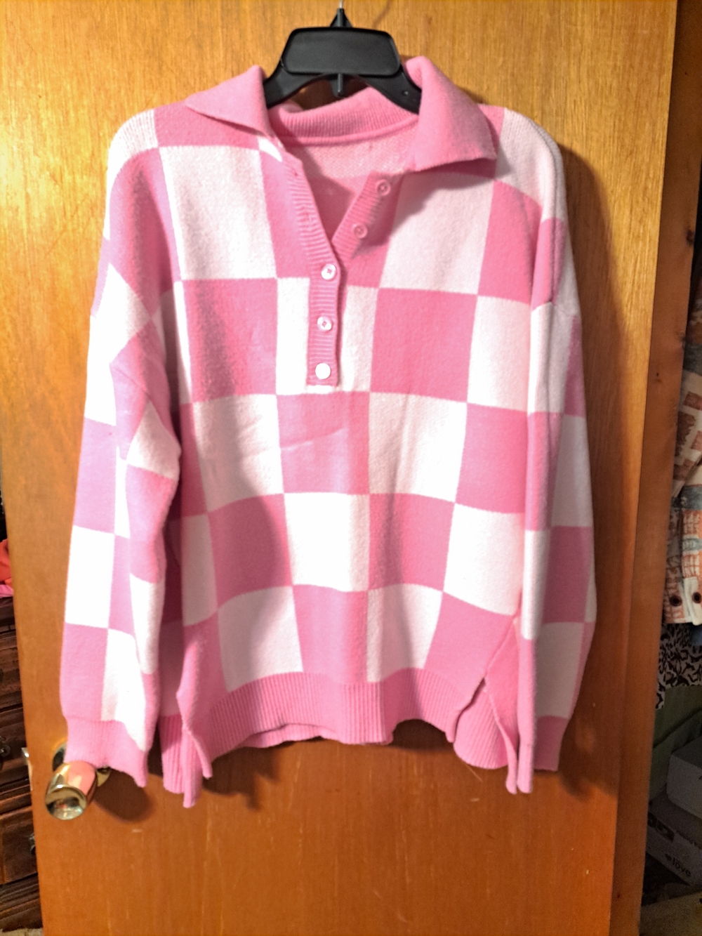 Pink & White Checkered Collared Knit Sweater